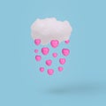 Cloud with pink heart rain on bright blue background. Creative idea. Minimal concept of love