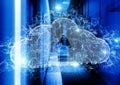 Cloud of plexus particles and triangles on background of the data center tunnel rows. the concept of cloud services Royalty Free Stock Photo