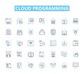 Cloud programming linear icons set. Virtualization, Elasticity, DevOps, Deployment, Microservices, Hybrid, Resiliency