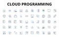 Cloud programming linear icons set. Virtualization, Elasticity, DevOps, Deployment, Microservices, Hybrid, Resiliency