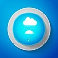 Cloud with rain drop on umbrella icon isolated on blue background. Circle blue button with white line Royalty Free Stock Photo
