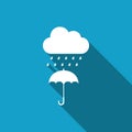 Cloud with rain drop on umbrella icon isolated with long shadow. Flat design. Vector Royalty Free Stock Photo