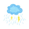 Cloud with rain, lightning cartoon style vector