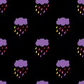 Cloud Rain seamless pattern. Dark background.