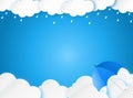 Cloud rain with  umbrella on blue background, clear sky with cloud, rain season, cloudy day,weather forecast concept, rain Royalty Free Stock Photo