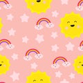 Cloud Rainbow Star and Sun Cute Seamless Repeat Pattern, Laughter Fun Care Joy, Love for Two, Cartoon Vector EPS 10 Illustration Royalty Free Stock Photo