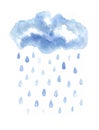 Cloud with raindrops of blue color isolated on white background. Watercolor. Royalty Free Stock Photo