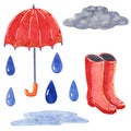 Cloud with raindrops, umbrella, rubber boots, hand drawn watercolor illustration Royalty Free Stock Photo