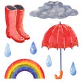 Cloud with raindrops, umbrella, rubber boots, rainbow, hand drawn watercolor illustration Royalty Free Stock Photo