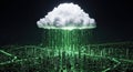 Cloud raining green binary code over futuristic city at night, representing digital data streaming Royalty Free Stock Photo