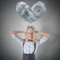 Cloud raining heart shape on top of sad Crying stressed unhappy Woman