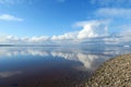 Cloud reflection in the river. Light skies, clouds.