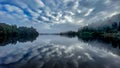 Cloud reflections on the tranquil lake in the early morning mist and fog Royalty Free Stock Photo