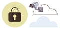 Cloud Security Concept with Lock Icon and Surveillance Camera Overlapping Cloud Graphics Royalty Free Stock Photo