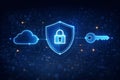 Cloud security concept with shield lock and encryption key on digital network Royalty Free Stock Photo