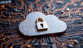 Cloud security concept with silver cloud and padlock electronic circuit board background, symbolizing data protection Royalty Free Stock Photo