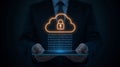Cloud Security and Data Encryption Concept with Businessman Holding Tablet and Secure Padlock Symbolizing Protection Royalty Free Stock Photo