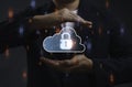 Cloud security and data protection concept with secure cloud and lock icon protected by hands symbolizing cybersecurity, privacy, Royalty Free Stock Photo
