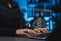 Cloud security and data protection concept. User using laptop with digital cloud computing interface, data secure, encrypted Royalty Free Stock Photo