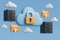 Cloud security illustration with lock and server files on a blue background during the digital era Royalty Free Stock Photo