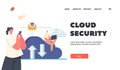 Cloud Security Landing Page Template. Data Safety, Information Protection. Tiny Characters Work on Laptop and Phone Royalty Free Stock Photo