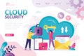 Cloud security, landing page template. Security service protects cloud data storage. Female character holds big key. Data Royalty Free Stock Photo