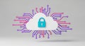 Cloud Security Padlock Icon on White Cloud with Digital Circuitry Background Royalty Free Stock Photo