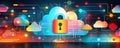 Cloud security protocols safeguarding data with colorful cybernetic elements