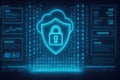 Cloud security shield with padlock and data analysis on a digital interface Keywords: cloud security, data protection, Royalty Free Stock Photo