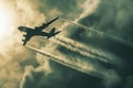 Cloud seeding planes over a parched Earth inducing rain to cool the overheated climate Royalty Free Stock Photo