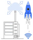 Cloud technology connecting servers with rocket launch symbolizing innovation and speed Royalty Free Stock Photo