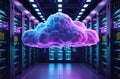 Cloud in server room, vibrant colors. Futuristic, sleek tech. Immersive data streams, high-tech atmosphere