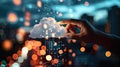 Cloud service concept, someones hand touching digital screen with glowing applications icons and cloud sign Royalty Free Stock Photo
