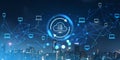 Cloud service hologram and files transfer, synchronization sign and skyscrapers