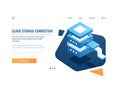 Cloud service icon, banner remote data storage and backup system, server room, datacenter and database isometric vector