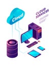 Cloud services 3d. Online safety computer technologies cloud connection gadgets pc smartphone laptop server vector Royalty Free Stock Photo