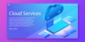 Cloud services technology, computing files with smartphone isometric concept.Web template design.vector illustration