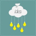 Cloud in shape of bag and hanging light bulbs. Innovation idea concept. Flat design