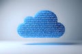 A cloud shape is formed from tiny blue and white particles, with binary code visible on its surface Royalty Free Stock Photo