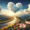 cloud in the shape of a heart over the road. love of travel concept. ai generative