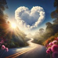 cloud in the shape of a heart over the road. love of travel concept. ai generative