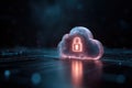 cloud shape with lock symbol is shown in dark digital setting. concept of data security in cloud computing technology Royalty Free Stock Photo
