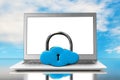 Cloud shape locker and laptop with blue sky Royalty Free Stock Photo