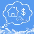 Cloud shaped as dreams about money, house and car Royalty Free Stock Photo