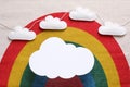 Cloud shaped child`s night lamp on fabric with rainbow pattern, flat lay Royalty Free Stock Photo