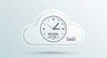 Cloud-shaped graphic featuring a clock with black hands pointing to a time, Royalty Free Stock Photo