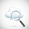 Cloud-shaped speech bubble in a light blue hue with a magnifying glass placed Royalty Free Stock Photo