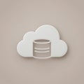 Cloud-shaped white icon with a cylindrical database symbol cutout. Set against a plai Royalty Free Stock Photo