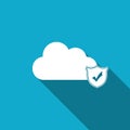 Cloud and shield with check mark icon isolated with long shadow. Cloud storage data protection. Security, safety Royalty Free Stock Photo