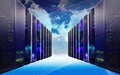 Cloud and sky overlay with servers computing technology in datacenter creative concept Royalty Free Stock Photo